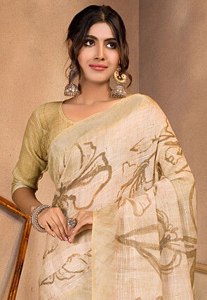 Digital Printed Linen Saree in Cream