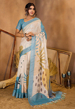Digital Printed Linen Saree in Cream