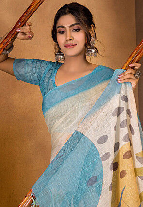 Digital Printed Linen Saree in Cream