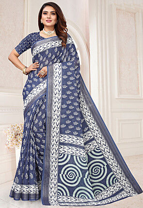 Digital Printed Linen Saree in Dark Blue