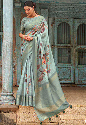 Digital Printed Linen Saree in Dusty Blue