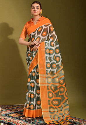 Digital Printed Linen Saree in Green and Orange