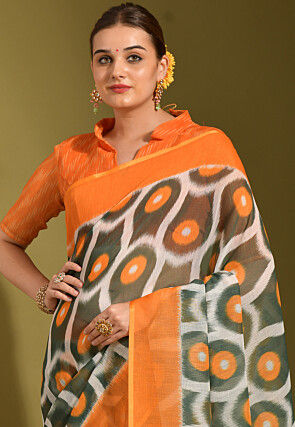 Digital Printed Linen Saree in Green and Orange
