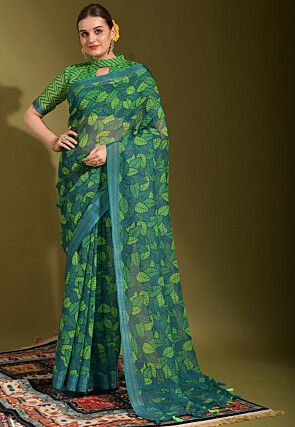 Digital Printed Linen Saree in Green