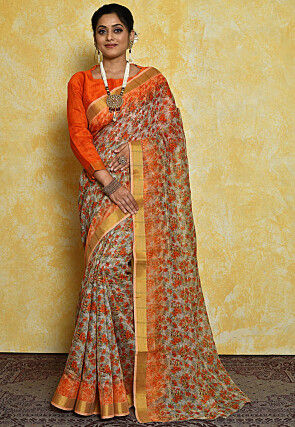 Digital Printed Linen Saree in Grey And Peach