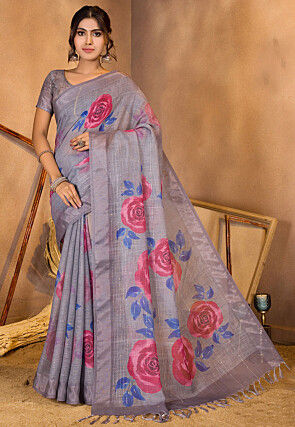 Digital Printed Linen Saree in Grey