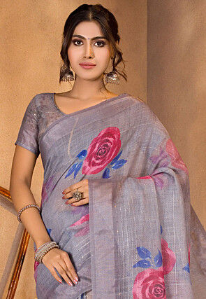 Digital Printed Linen Saree in Grey