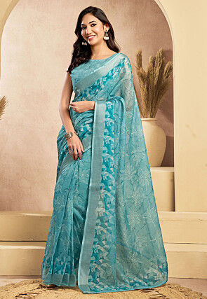 Pre-stitched Linen Saree in Light Blue