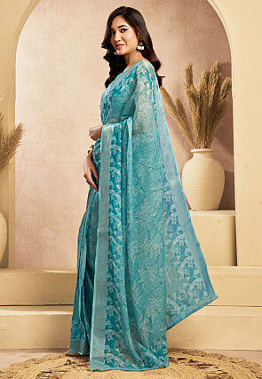 Pre-stitched Linen Saree in Light Blue
