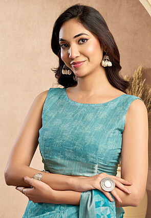 Pre-stitched Linen Saree in Light Blue