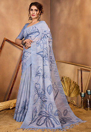 Digital Printed Linen Saree in Light Blue