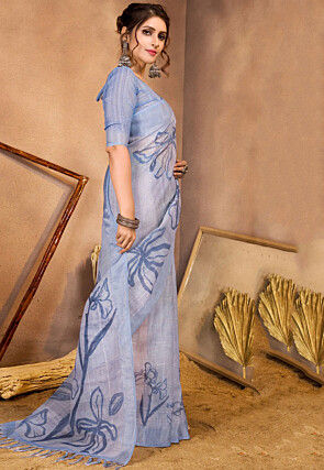 Digital Printed Linen Saree in Light Blue