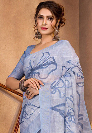 Digital Printed Linen Saree in Light Blue