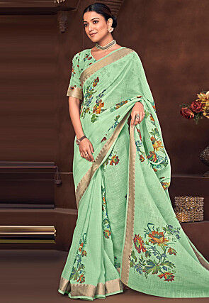 Digital Printed Linen Saree in Light Green