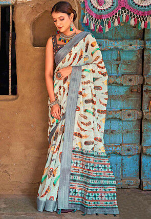 Linen Sarees | Pure Linen Saree with printed design saree online from  weavers | LINS0000886