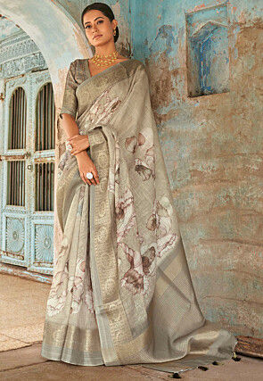 Digital Printed Linen Saree in Light Grey