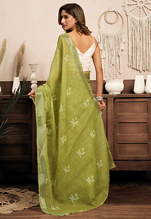 Pre-stitched Linen Saree in Light Olive Green