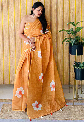 Digital Printed Linen Saree in Light Orange