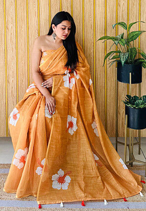 Digital Printed Linen Saree in Light Orange