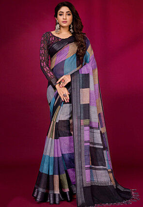Digital Printed Linen Saree in Multicolor