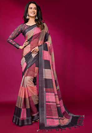 Digital Printed Linen Saree in Multicolor