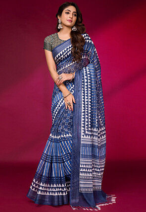 Digital Printed Linen Saree in Navy Blue
