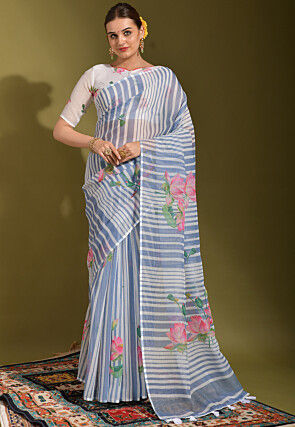 Digital Printed Linen Saree in Off White and Grey