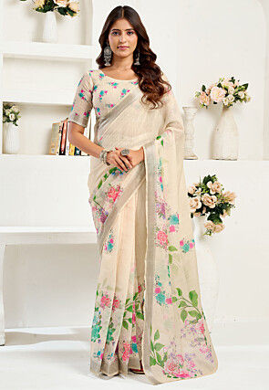Pre-stitched Linen Saree in Off White