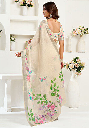 Pre-stitched Linen Saree in Off White