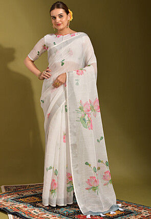 Digital Printed Linen Saree in Off White