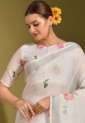Digital Printed Linen Saree in Off White