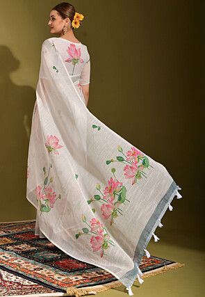 Digital Printed Linen Saree in Off White