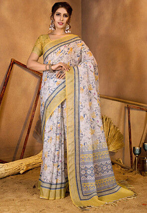 Digital Printed Linen Saree in Off White