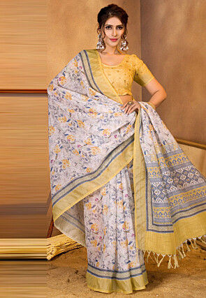 Digital Printed Linen Saree in Off White