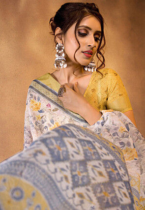 Digital Printed Linen Saree in Off White
