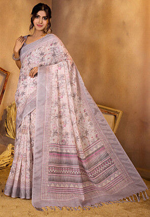 Digital Printed Linen Saree in Off White