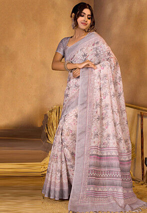 Digital Printed Linen Saree in Off White