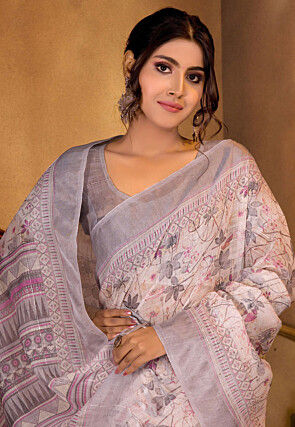 Digital Printed Linen Saree in Off White