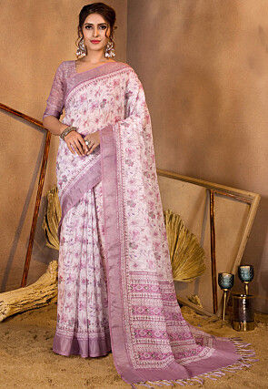 Digital Printed Linen Saree in Off White