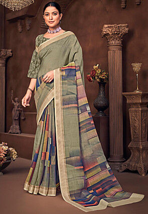 Digital Printed Linen Saree in Olive Green