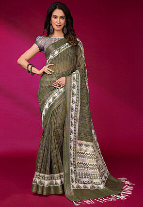 Digital Printed Linen Saree in Olive Green