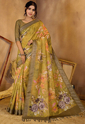 Digital Printed Linen Saree in Olive Green