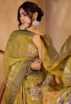Digital Printed Linen Saree in Olive Green