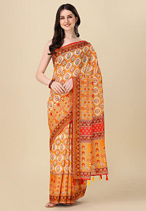 Digital Printed Linen Saree in Orange
