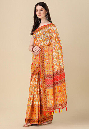 Digital Printed Linen Saree in Orange