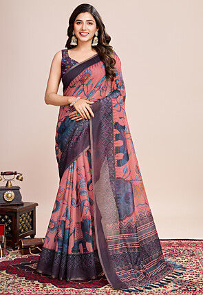 Digital Printed Linen Saree in Peach