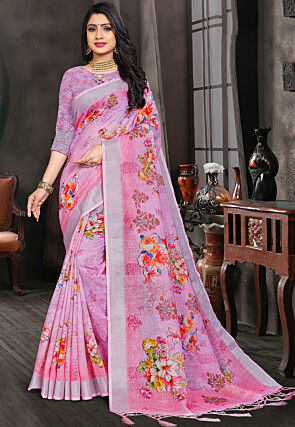 Digital Printed Linen Saree in Pink