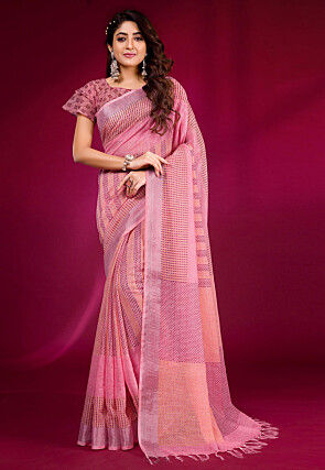 Digital Printed Linen Saree in Pink