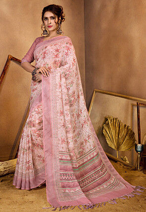 Digital Printed Linen Saree in Pink