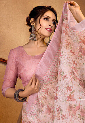 Digital Printed Linen Saree in Pink